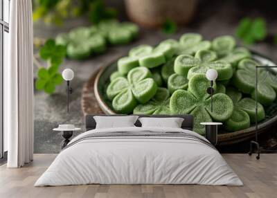 Grean clover shaped cookies on a plate for Saint Patrick's holiday party.  Wall mural