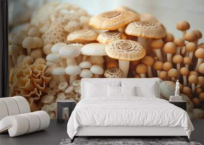 Group of young and old variety of mushrooms. Wall mural