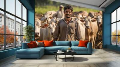 Indian farmer with cattle behind him. Wall mural