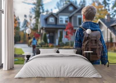 Kids coming home from school at the end of day. Wearing backpack and walking towards the house. Wall mural