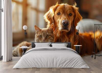 Orange dog and cat laying on a rug at home. Best animal friends.  Wall mural