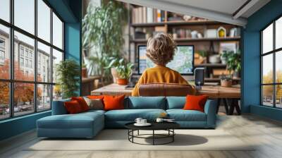 Young boy on a computer doing virtual learning. Seen from the back while sitting on a chair. Wall mural