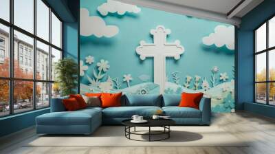 Paper cutout of a cross, medical theme, hospital background Wall mural