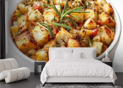 PNG Delicious herb-infused bread stuffing, perfect for holiday meals, featuring crispy cubes and aromatic herbs in a white dish. Wall mural