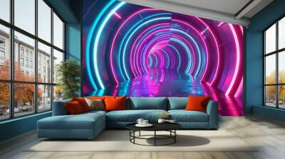 Surrealistic futuristic tunnel rendered in vibrant neon colors, creating an immersive environment for modern, creative displays Wall mural