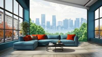 Urban skyline peeking through lush green trees under a cloudy sky. Wall mural