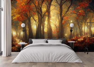 Beautiful autumn forest illustration, colorful fall foliage Wall mural