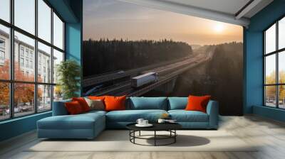 Cargo truck on a highway in spring morning. Wall mural