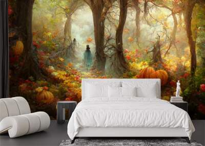 Ghost in a beautiful pumpkin covered fairytale forest with fall foliage, halloween illustration Wall mural