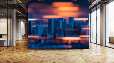 Miniature city with light effects. Urban technology and business. 3D rendering. Wall mural