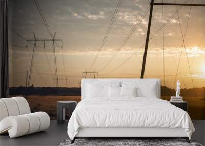 Power lines at sunset Wall mural