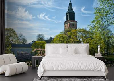 Turku Cathedral at spring with cherry blossoms and green trees in Turku, Finland Wall mural