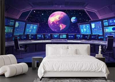 Deep Space Mission Control : A futuristic mission control room, coordinating a deep space mission, with screens showing live feeds from different parts of the solar system Wall mural