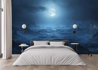 Lunar glow illuminating a barren, rocky landscape, soft light with a mysterious aura Wall mural