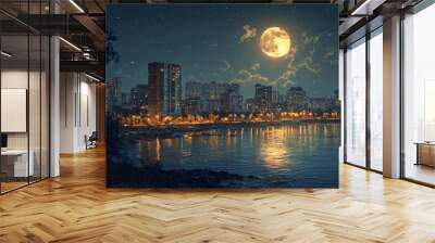 Moon glow over a quiet cityscape, soft light illuminating the urban environment, peaceful night scene Wall mural