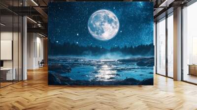 Mystical moon floating in a starry sky, ethereal light casting soft shadows over a quiet night scene Wall mural