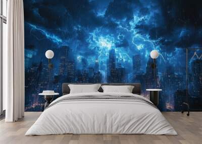 Nighttime skyline under a stormy sky, the environment charged with energy as lightning strikes with intense brightness Wall mural