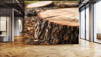  Close-up of a cut tree stump with visible rings, surrounded by sawdust and fallen leaves. Wall mural