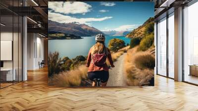 A cyclist enjoys a scenic ride along a trail on lake shore in New Zealand Wall mural