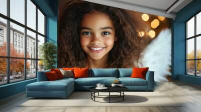 A young girl with angel wings and festive lights background Wall mural