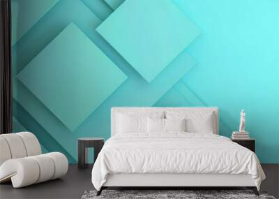 Abstract green, cyan and turquoise geometric pattern with overlapping layers and lines, creating a modern and futuristic design. Wall mural