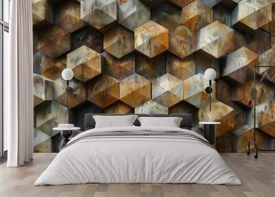 Array of copper polyhedrons with a lustrous finish, casting soft shadows. Wall mural