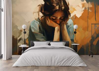 Artistic expressionist depiction of a woman suffering from pain, with vibrant abstract colours. Wall mural