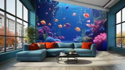 Beautiful coral reef aquarium filled with colorful corals and tropical fish in neon coors swimming in the ocean, illustration Wall mural