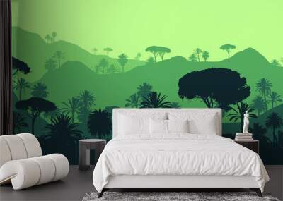 Beautiful flat vector landscape of a layered rainforest jungle in green colors. Wall mural