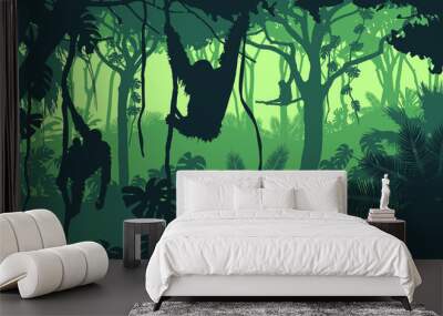 Beautiful vector landscape of a rainforest jungle with orangutan monkeys and lush foliage in green colors. Wall mural