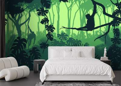 Beautiful vector landscape of a rainforest jungle with orangutan monkeys and lush foliage in green colors. Wall mural