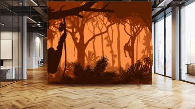 Beautiful vector landscape of a rainforest jungle with orangutan monkeys and lush foliage in sunset orange colors. Wall mural