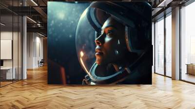 Black female astronaut geared up inside a spaceship Wall mural