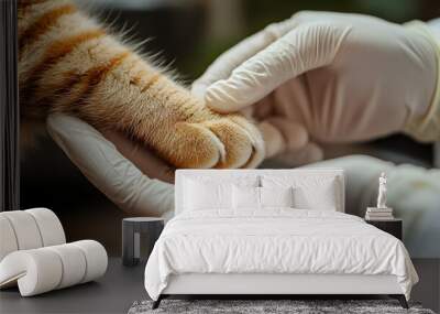 closeup female veterinarian hands in latex gloves examining cat paws, concept background for pet healt and veterinary Wall mural