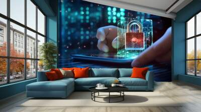 Cyber security system and data protection. Person using digital tablet protecting personal data with virtual network connection, smart solution from cyber attack, cybersecurity technology KI Wall mural