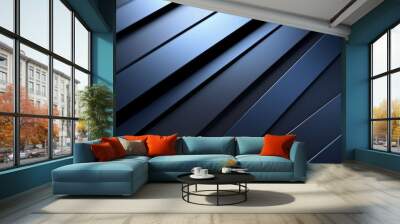 Diagonally arranged brushed blue colourful metal panels with a modern, textured look. Wall mural