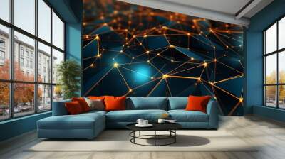 Dynamic abstract network with orange connectivity lines and glowing dots on a dark background Wall mural