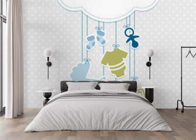 Babysymbole Junge Unter Wolke Hängend Punkte Retroblau Olivgrün Grau Wall mural