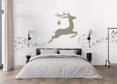 Flying Reindeer, Christmas Ball & Snowflakes Taupe Wall mural