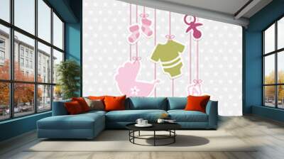 Schmale Karte Hängende Babysymbole Mädchen Unter Wolke Rosa Olivgrün Sterne Grau Wall mural