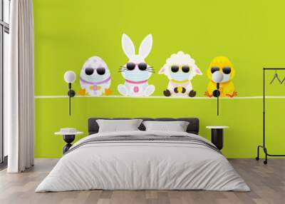 Weißer Osterhase & Freunde Mit Küken Maske Sonnenbrille Karte Grün Wall mural