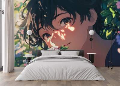 handsome anime young man face putting flower in his mouth, flower garden background Wall mural