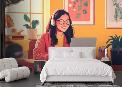 Happy Female Asian woman working from home, Woman work remotely at home office, concept for modern and digital work like digitalnomads, illustration Wall mural