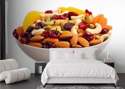 Healthy mix of nuts and dried fruits in a bowl, perfect for snacking. Transparent background.  Wall mural