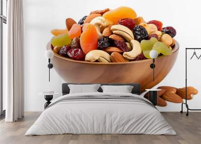 Healthy mix of nuts and dried fruits in a bowl, perfect for snacking. Transparent background.  Wall mural