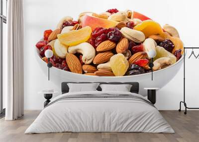 Healthy mix of nuts and dried fruits in a bowl, perfect for snacking. Transparent background.  Wall mural