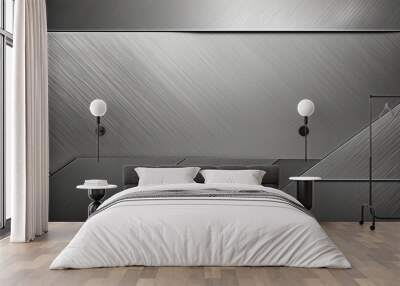 Horizontal and diagonal lines on a matte brushed sheet of metal surface creating a geometric pattern. Wall mural