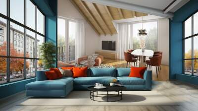 Interior of a small luxury red wooden apartment. Comfortable living room with open space, 3D rendering Wall mural