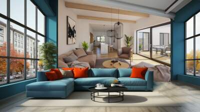 Interior of house apartment with open roof stucture. Comfortable living room with open space, 3D rendering Wall mural