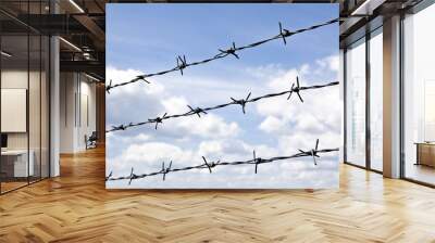 Barbed wire against blue sky with clouds Wall mural